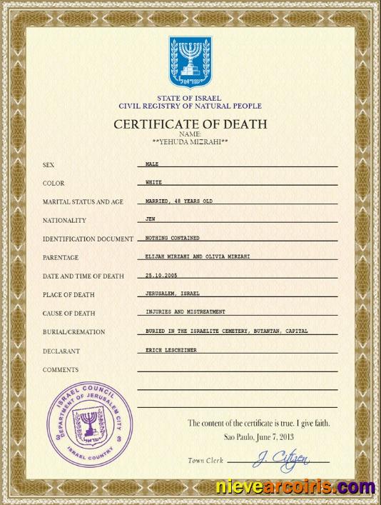 Israel death certificate
